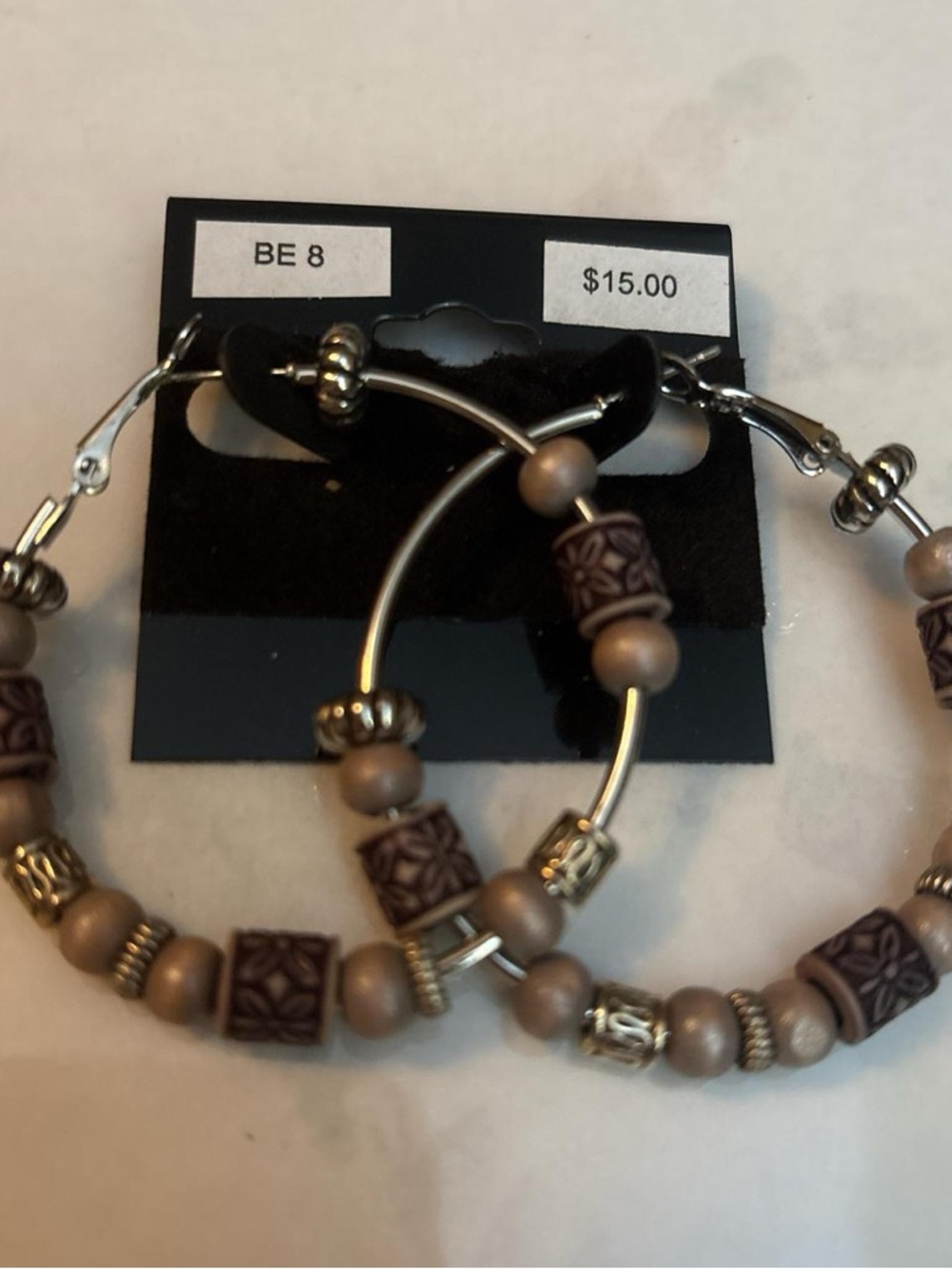 Beaded Hoop Earrings in Taupe and Brown - Handmade